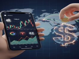 3D render of a hand holding a smartphone showing fractional US stock charts (Apple, Tesla, Google) and another hand dropping an Indian Rupee coin into a glowing dollar sign, with a world map in the background. This illustrates investing in fractional US stocks from India.