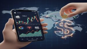 3D render of a hand holding a smartphone showing fractional US stock charts (Apple, Tesla, Google) and another hand dropping an Indian Rupee coin into a glowing dollar sign, with a world map in the background. This illustrates investing in fractional US stocks from India.