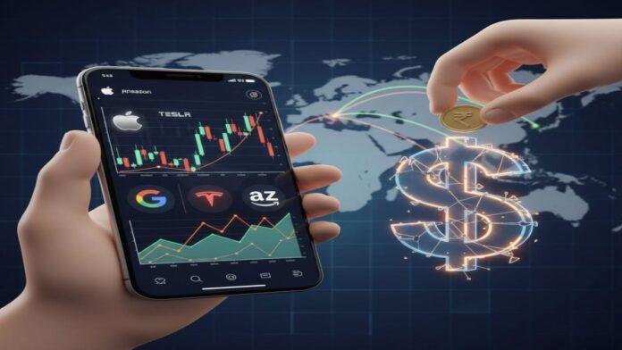 3D render of a hand holding a smartphone showing fractional US stock charts (Apple, Tesla, Google) and another hand dropping an Indian Rupee coin into a glowing dollar sign, with a world map in the background. This illustrates investing in fractional US stocks from India.