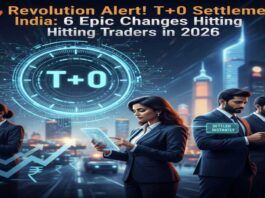 T0 Settlement India 2026 showing traders and instant transaction graphic