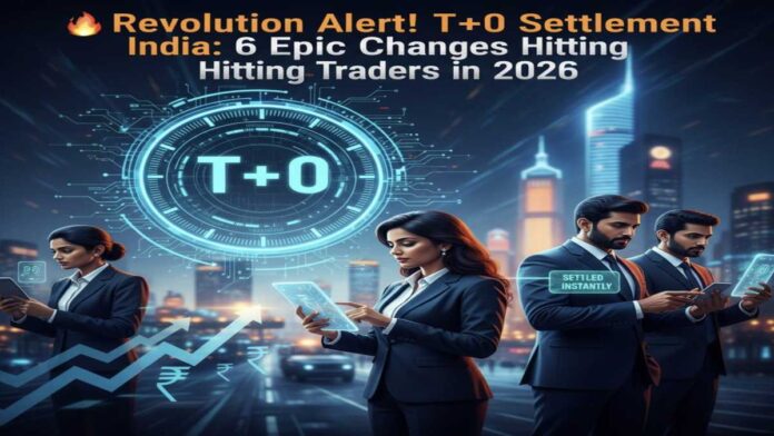 T0 Settlement India 2026 showing traders and instant transaction graphic